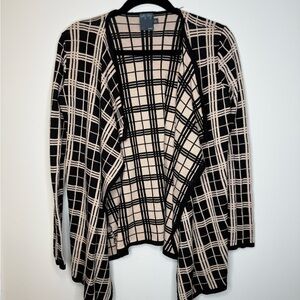Plaid Open Front Cardigan Sweater - Black and Cream